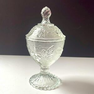 Vintage Jeanette Glass Footed Grape and Vine Candy Dish with Domed-Lid